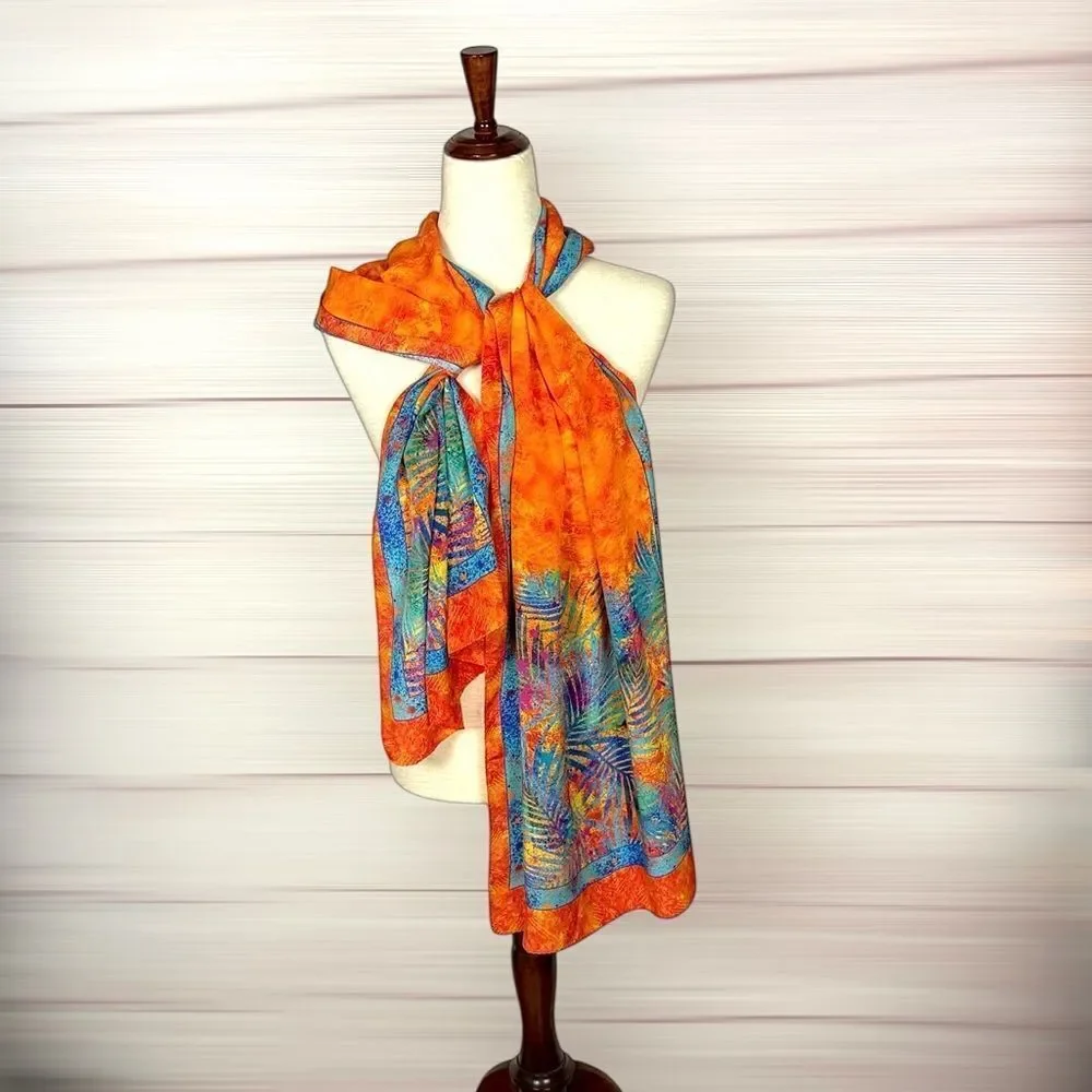 Christina Large Silk Oblong Scarf Wrap Orange Blue Tropical Print 20,5x74